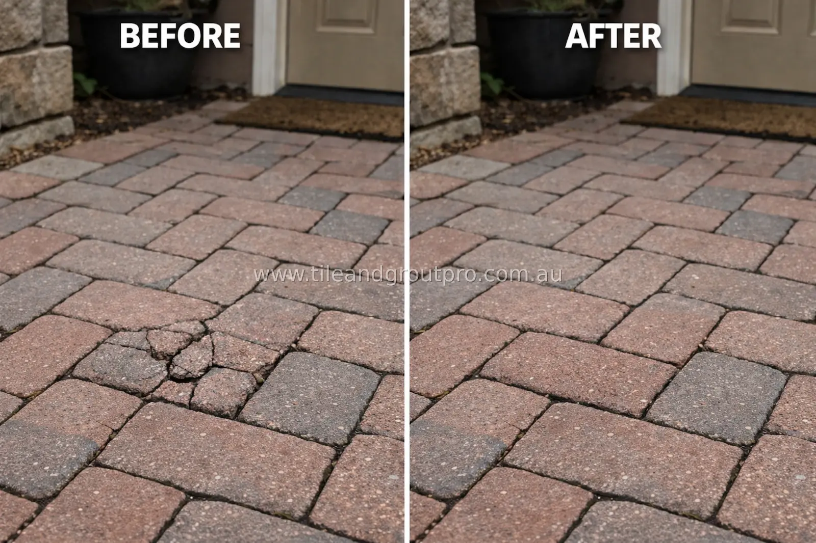 Front walkway pavers before and after repair showing restored curved entrance path