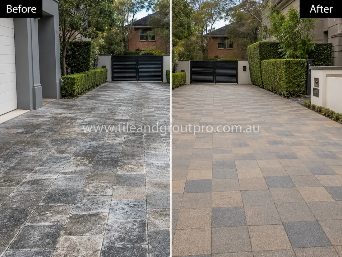 Modern residential driveway with large format concrete pavers before sealer stripping, displaying extensive white sealer haze, uneven colouring, and weathered surfaces leading to a gated entrance.