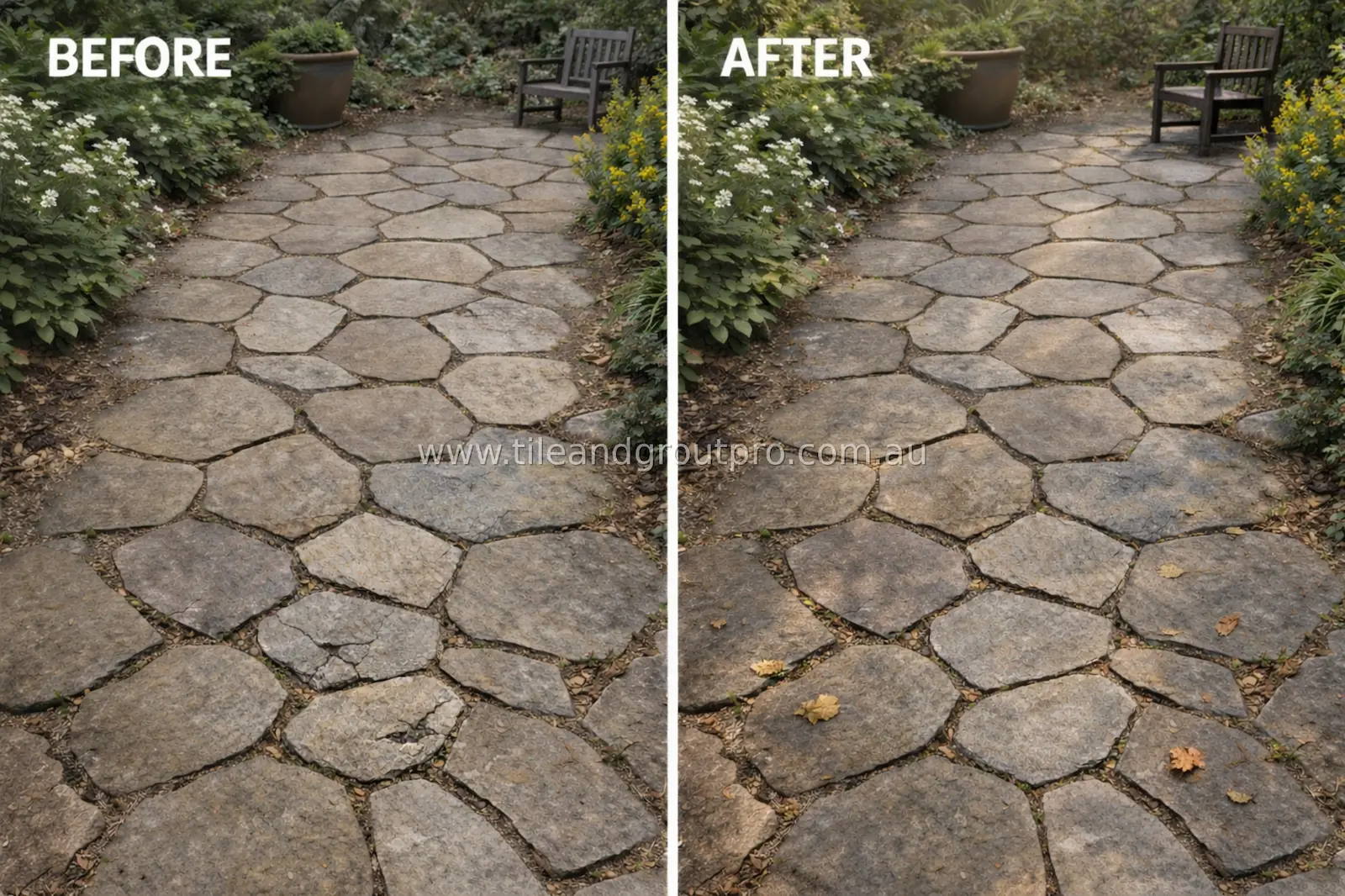 Natural stone garden pathway before and after repair showing restored uneven and cracked paving stones