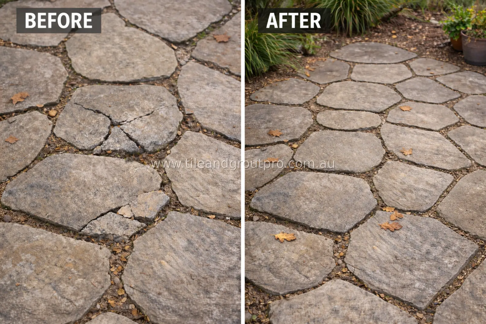 Close-up of natural stone pavers before and after repair showing cracked stone replaced and surface restored