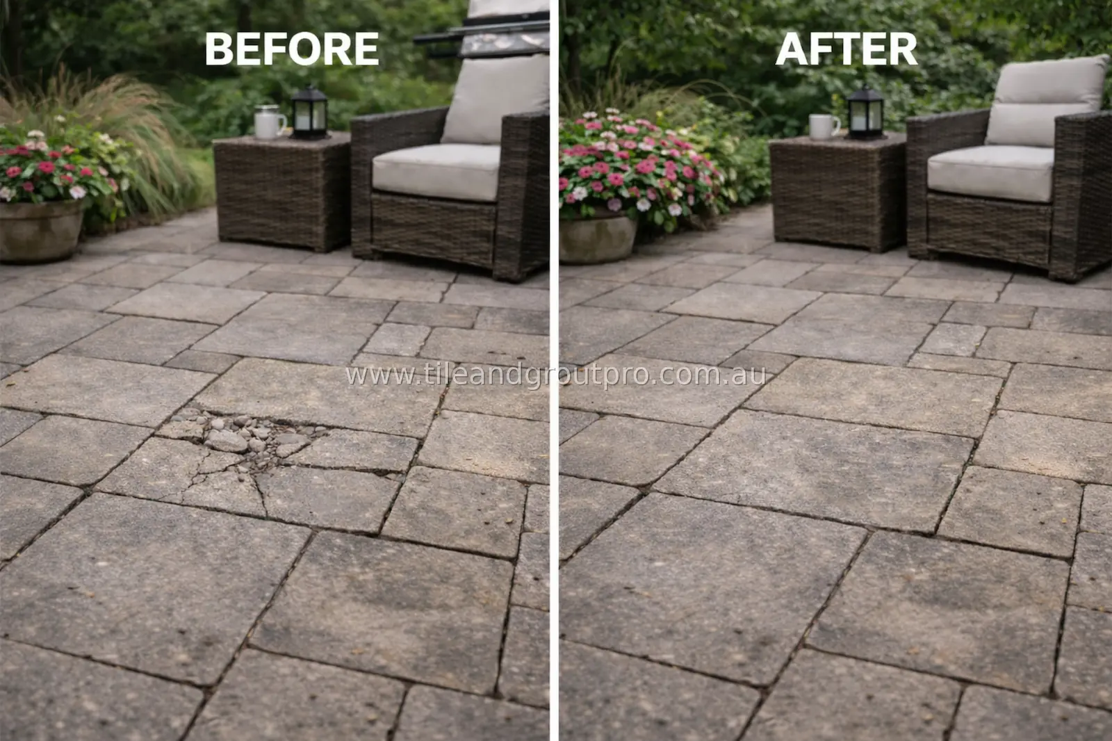 Outdoor paver patio before and after repair showing restored surface near seating area