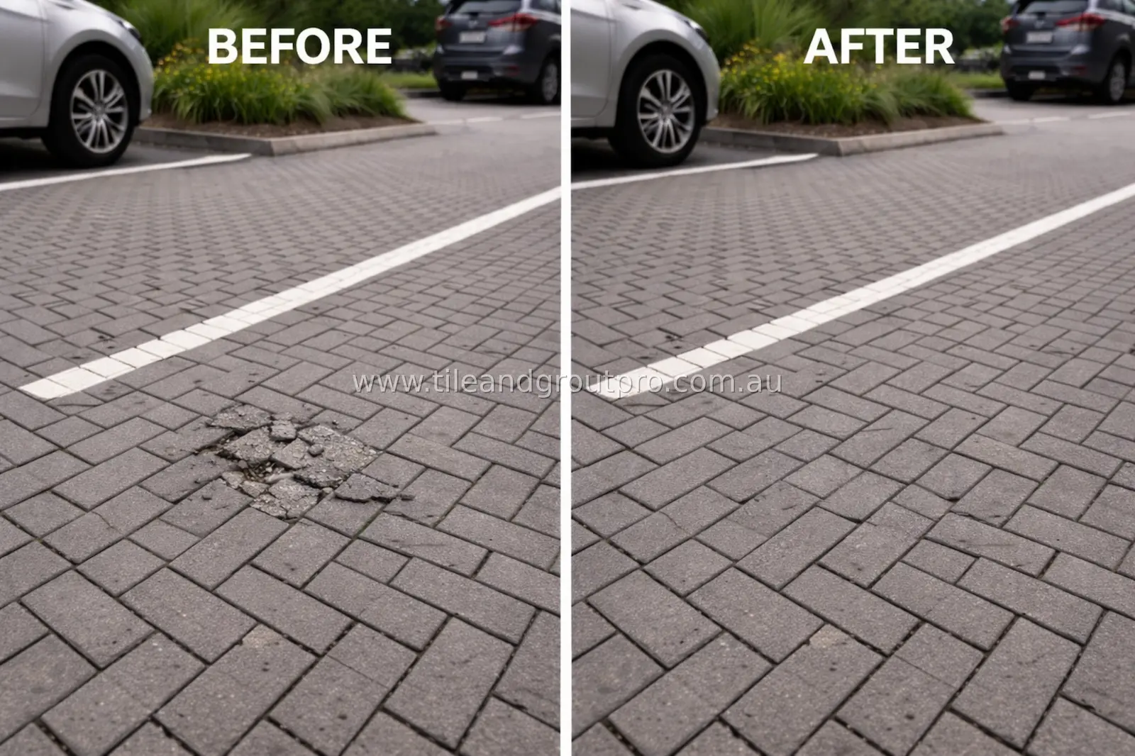 Parking lot pavers before and after repair showing fixed damaged section