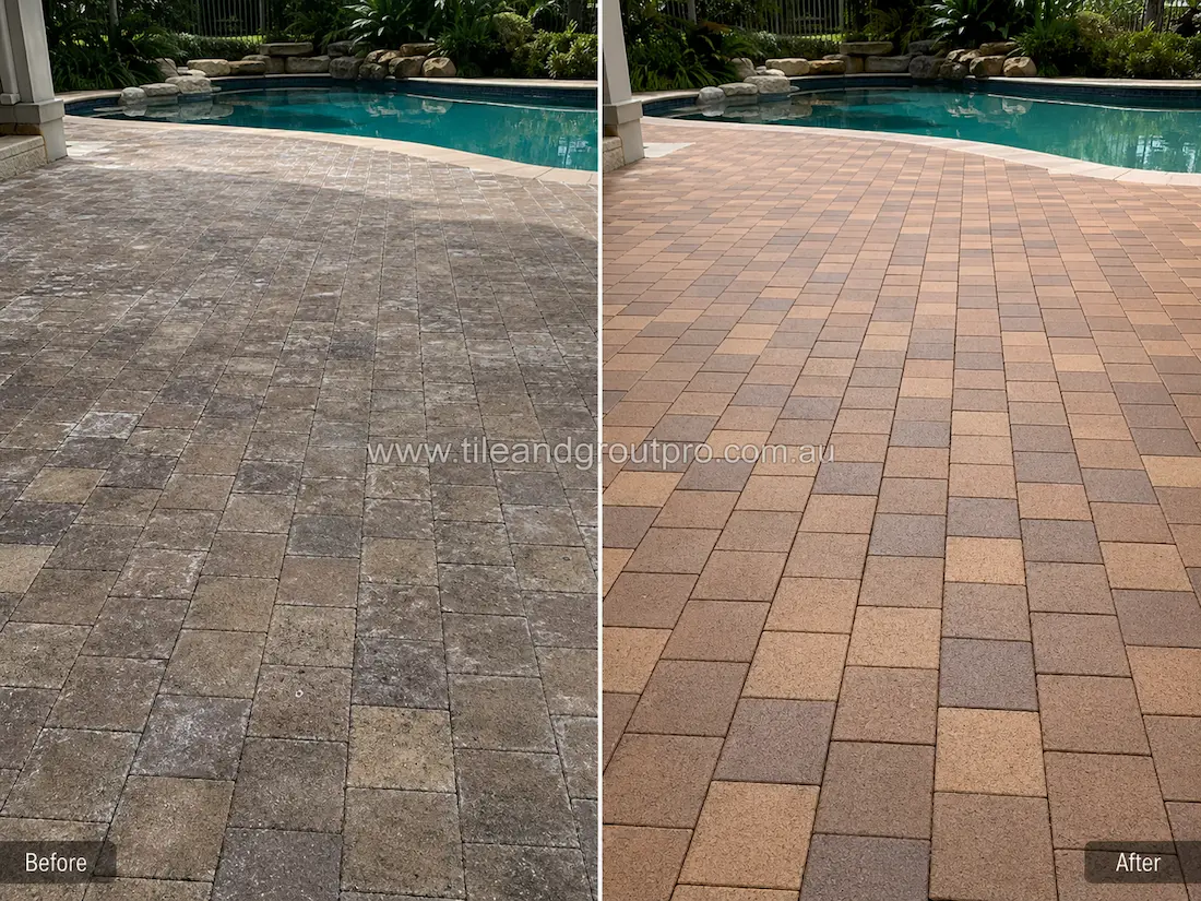 Poolside outdoor entertaining area with multicoloured brick pavers before sealer stripping, showing cloudy sealer build-up, faded tones, and patchy surface discolouration around the swimming pool.