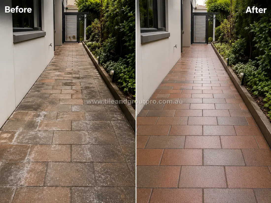 Narrow residential side pathway with rectangular outdoor pavers before sealer stripping, featuring white residue, faded colouring, and worn sealed surfaces alongside landscaped greenery.