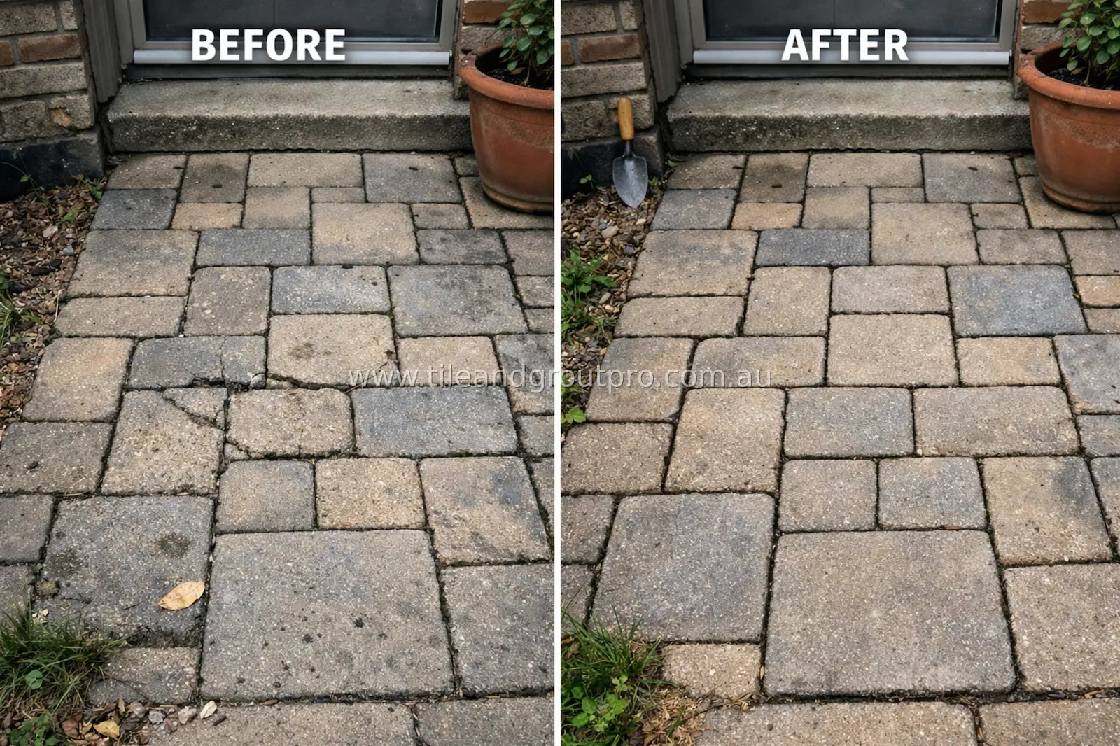 Small patio pavers before and after repair showing fixed uneven and damaged bricks