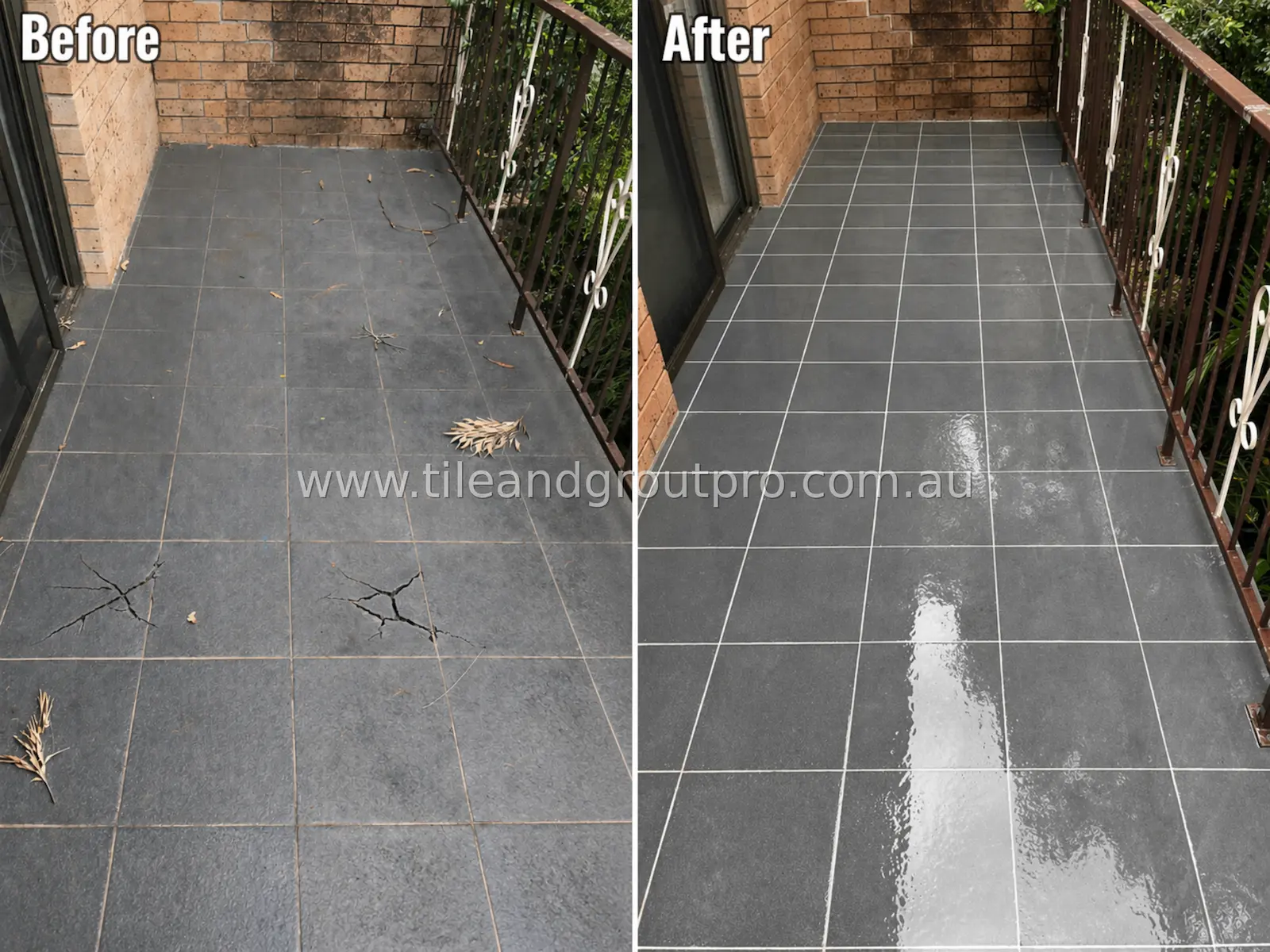 Balcony floor tiles before and after cleaning and sealing showing dirt removal and refreshed glossy finish