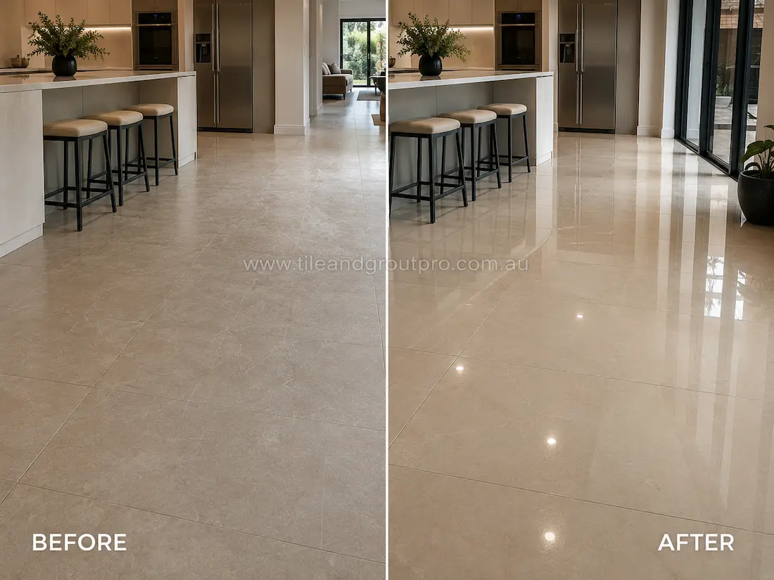 Before stone-polishing, beige porcelain kitchen floor tiles looked flat and slightly hazy with minimal light reflection around the island bench and dining area.