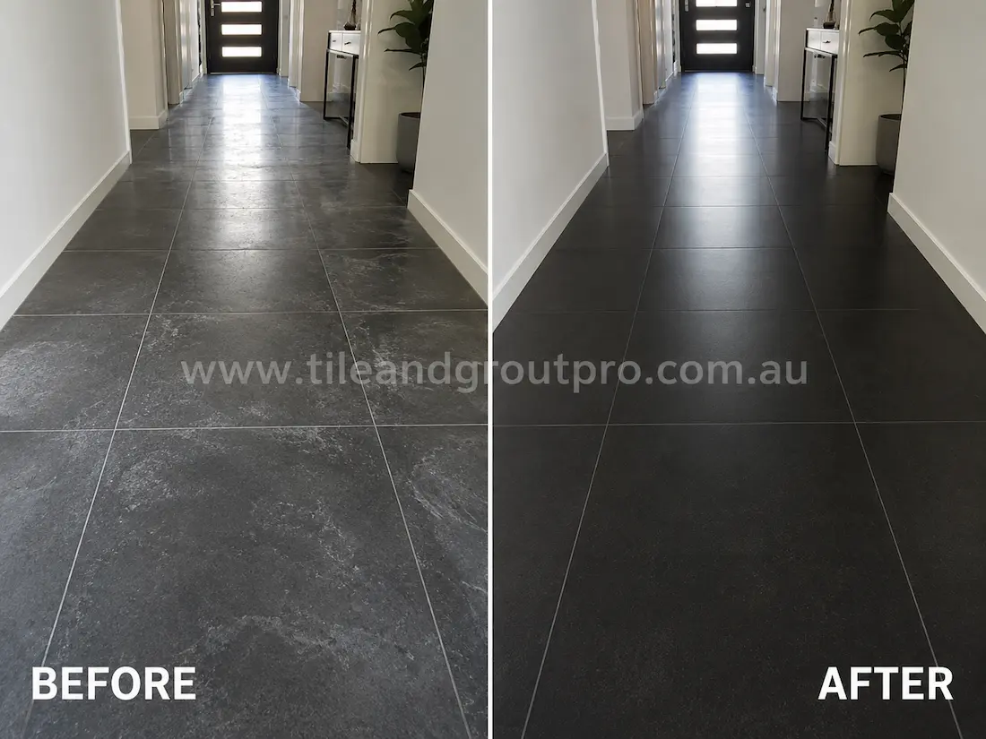 Modern hallway with black porcelain floor tiles before sealer stripping, featuring visible sealer haze, scuff-like residue, and patchy dullness along the corridor floor.