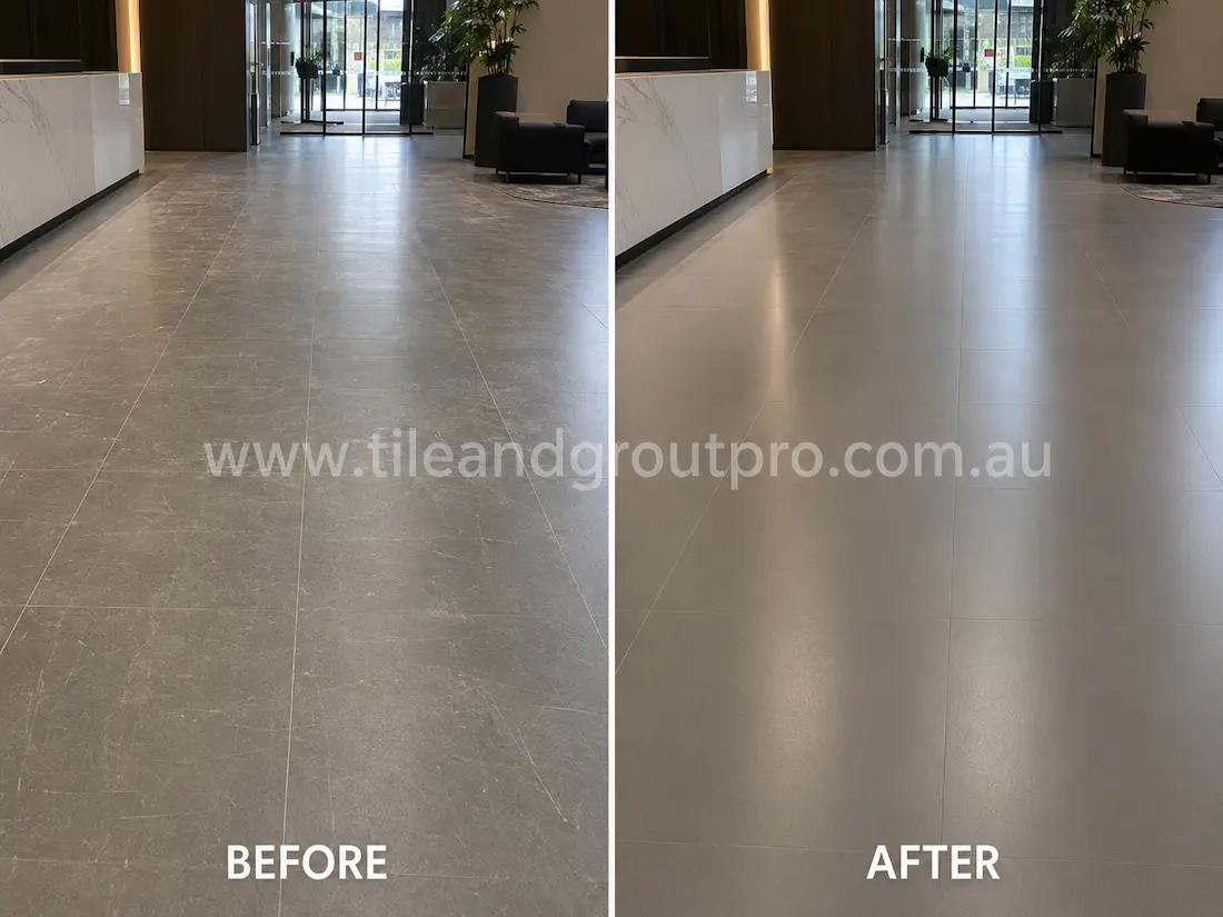 Commercial office lobby with grey porcelain floor tiles showing light scratches, scuff marks, and surface wear before professional scratch removal service.