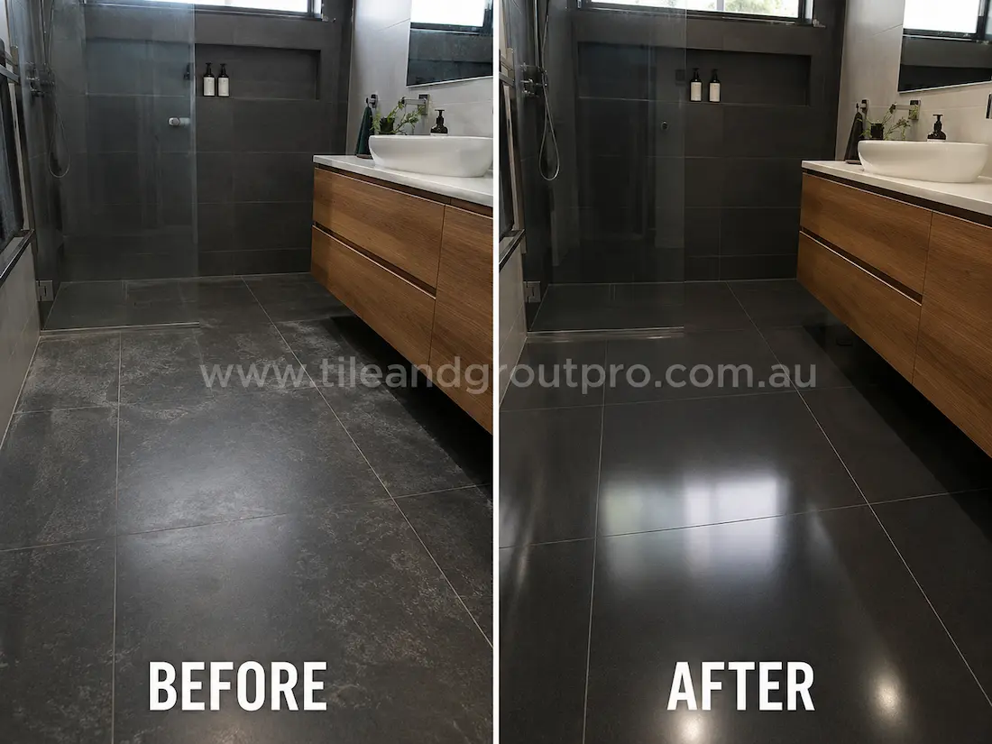 Before stone-polishing of dark porcelain bathroom floor tiles with cloudy residue, low sheen, and visible wear around the vanity and walk-in shower area.