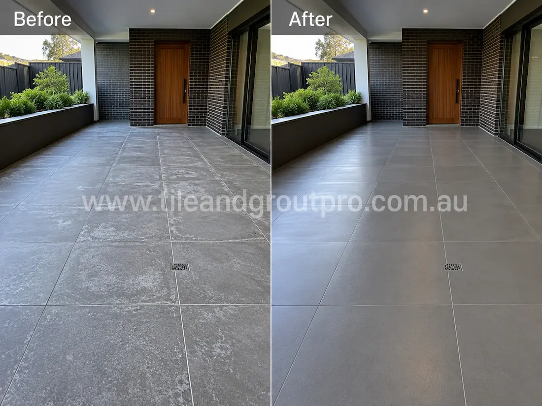 Before stone-polishing, grey outdoor porcelain patio tiles showed weathered patches, haze, and uneven surface appearance in a covered alfresco area.