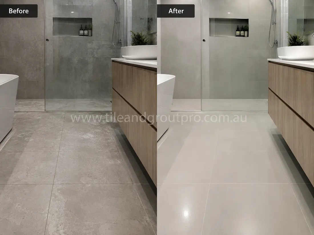 Before tile renewal, grey porcelain bathroom floor tiles showed soap residue, water spotting, and a dull finish around the shower and vanity areas, reducing the fresh appearance of the bathroom.