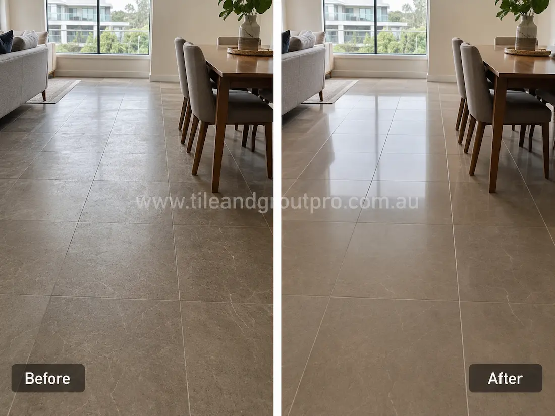 Before stone-polishing of grey porcelain floor tiles in a dining and living area with a flat finish, slight dullness, and low reflective clarity.