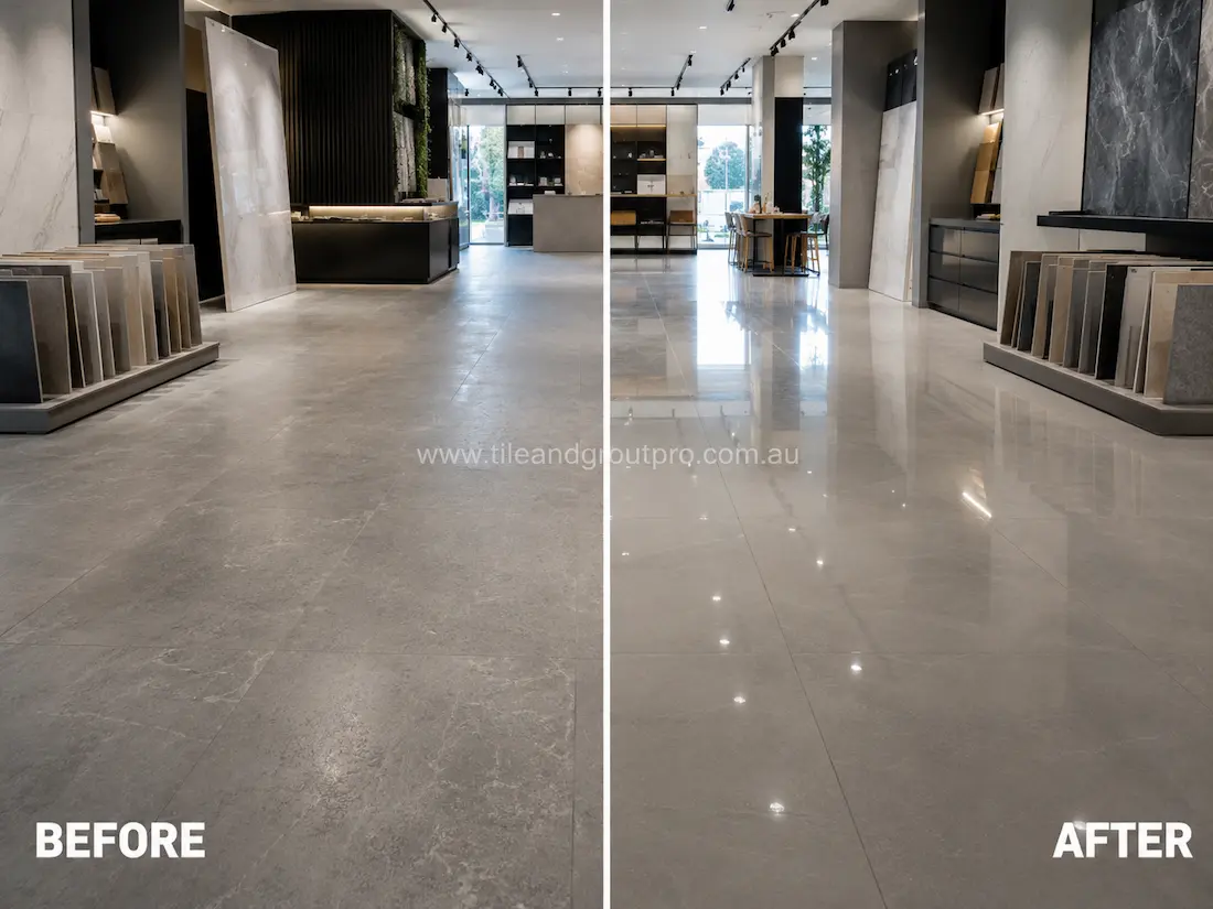 Before stone-polishing, large grey porcelain floor tiles in a modern tile showroom appeared dull and lightly scuffed with reduced reflection and visible wear across the surface.