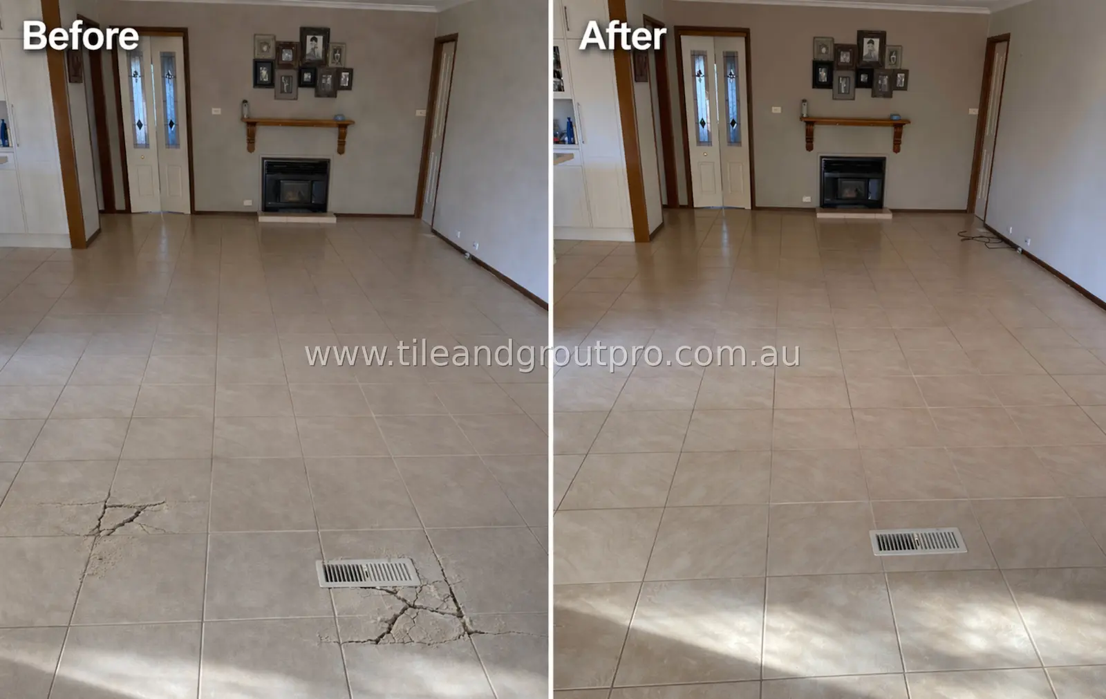 Indoor floor tiles before and after crack repair showing damaged tiles restored to a smooth, uniform finish