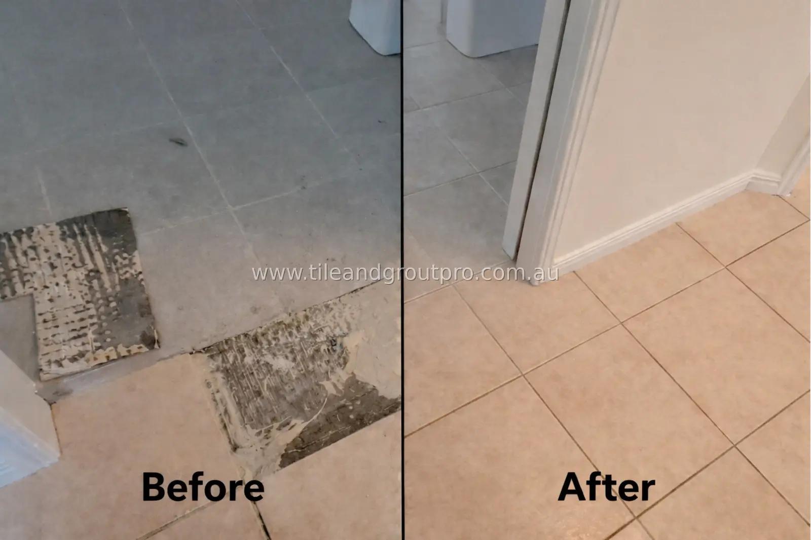 Indoor floor tile patch repair before and after showing removed damaged tiles and newly installed tiles