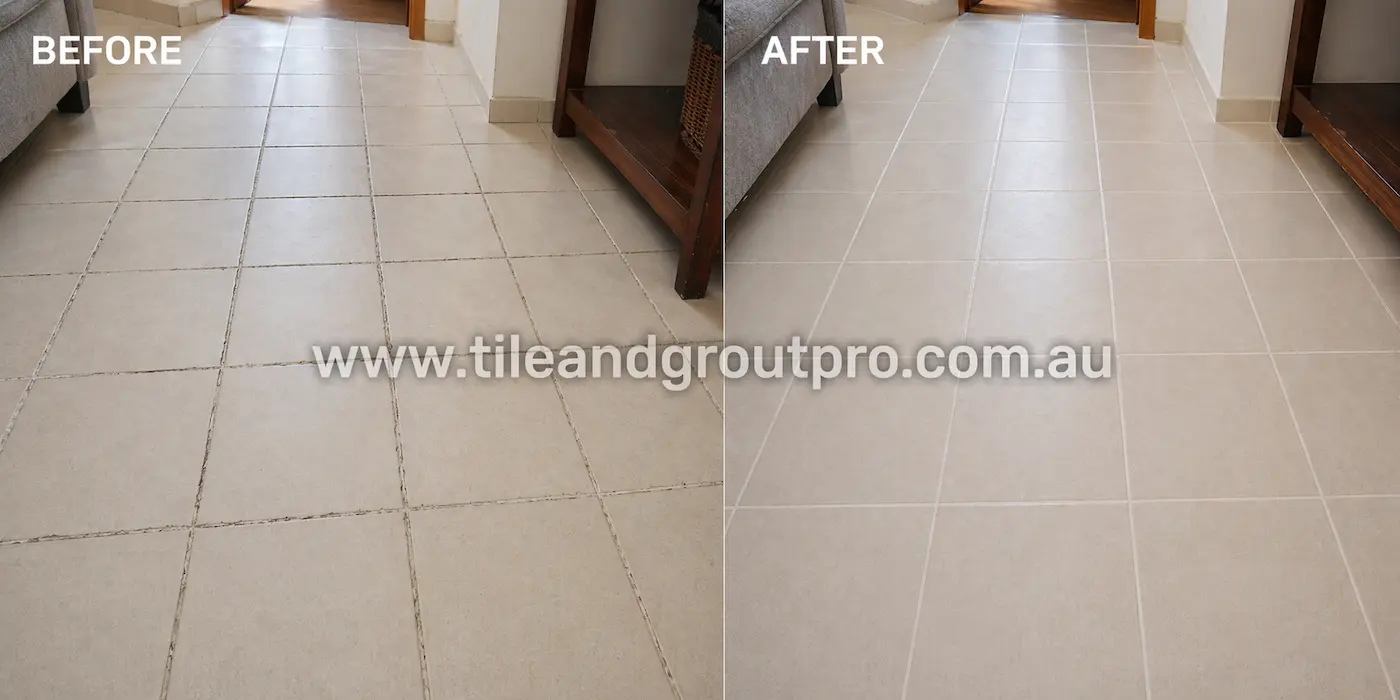 Indoor tiled floor before and after regrouting showing uniform grout lines and a refreshed clean finish