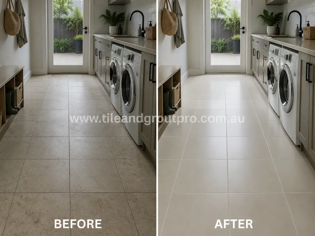 Before stone-polishing of light porcelain laundry floor tiles with a flat finish, light staining, and minimal reflectivity in a modern laundry room.