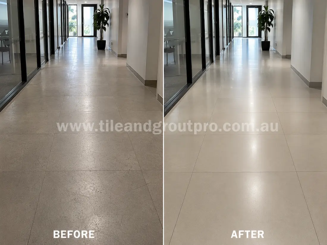 Corporate office hallway with light ceramic floor tiles displaying scratches, traffic scuffs, and dull wear before commercial scratch removal service.
