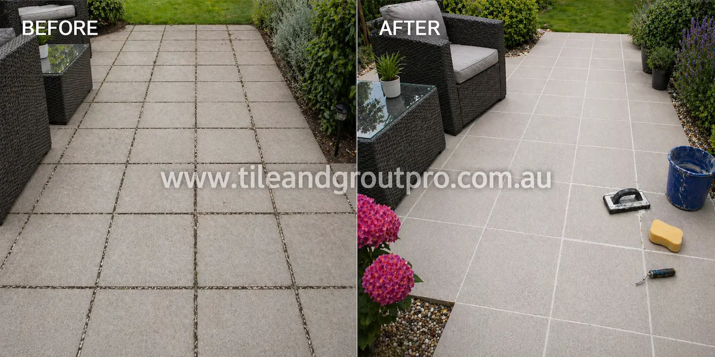 Outdoor tiled area before and after regrouting showing restored grout lines and improved surface appearance