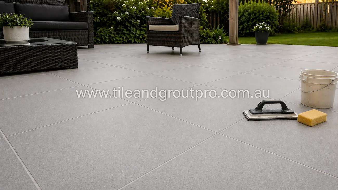 Outdoor tiled surface after regrouting showing clean grout lines and smooth tile finish with tools nearby