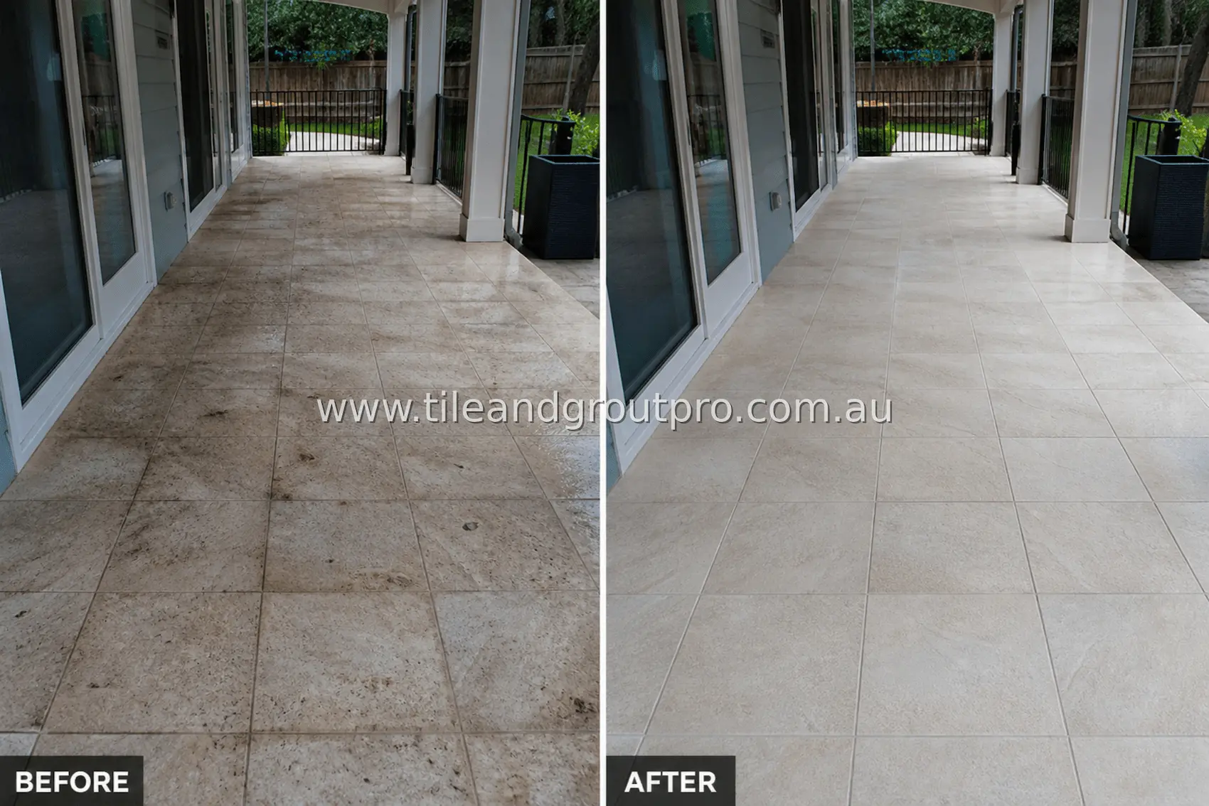Porcelain tile covered outdoor walkway floor with noticeable dirt buildup, staining, and dull finish before tile and grout cleaning