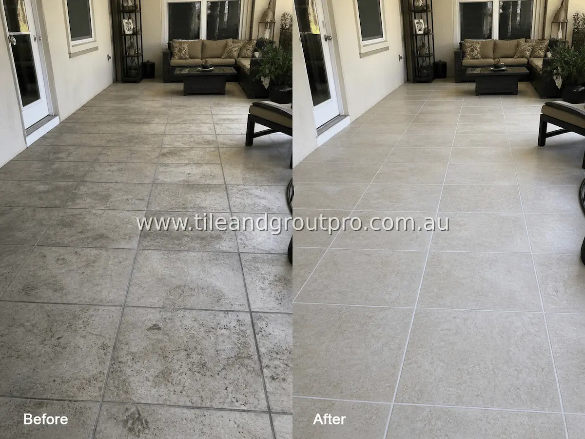 Porcelain tile covered patio floor with outdoor seating area showing dirt buildup, surface stains, and dirty grout before cleaning
