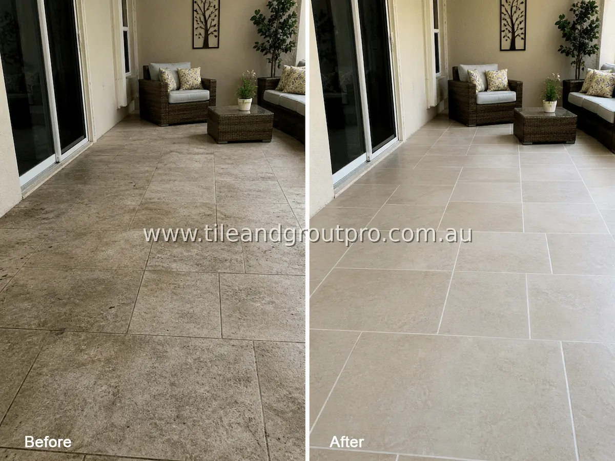 Porcelain tile covered patio seating area floor with visible grime, soil buildup, and stained grout lines before tile and grout cleaning service