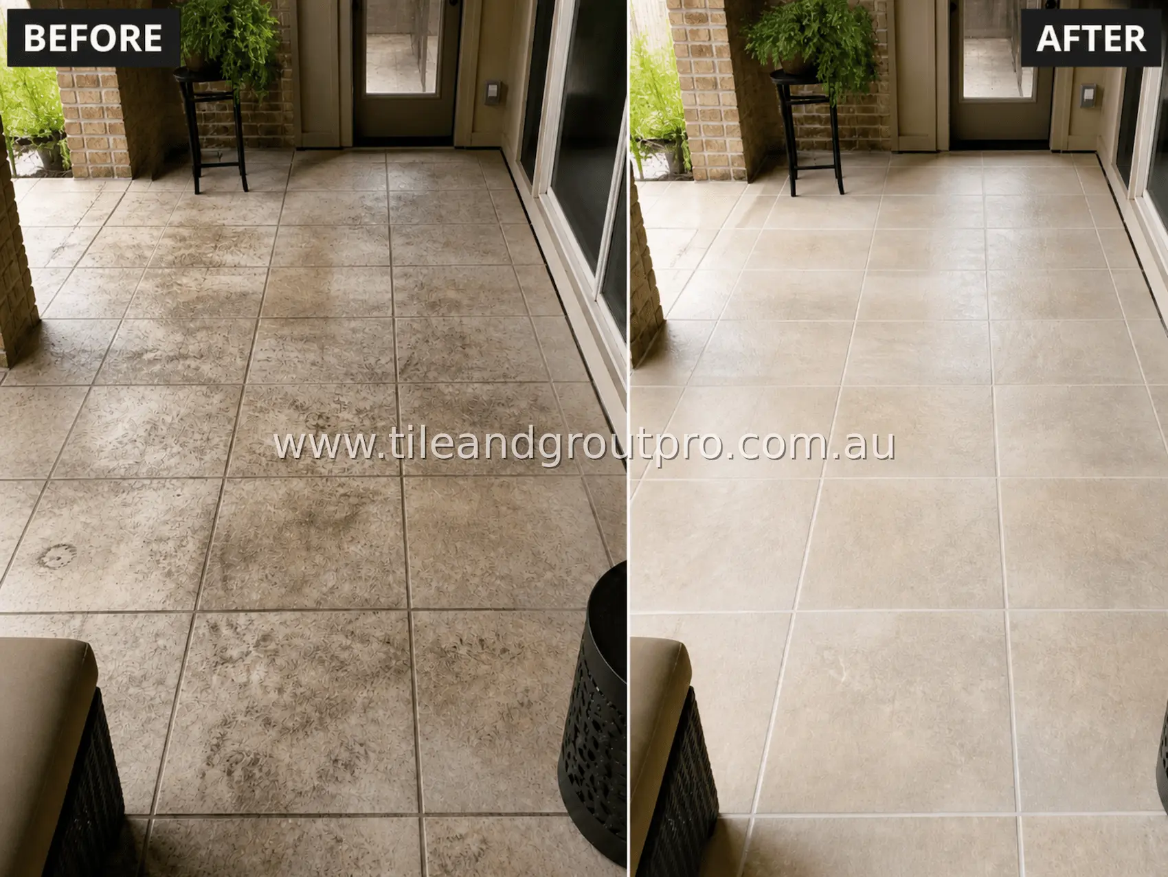 Porcelain tile enclosed entry porch floor with heavy embedded dirt, dark stains, and worn grout lines before professional cleaning