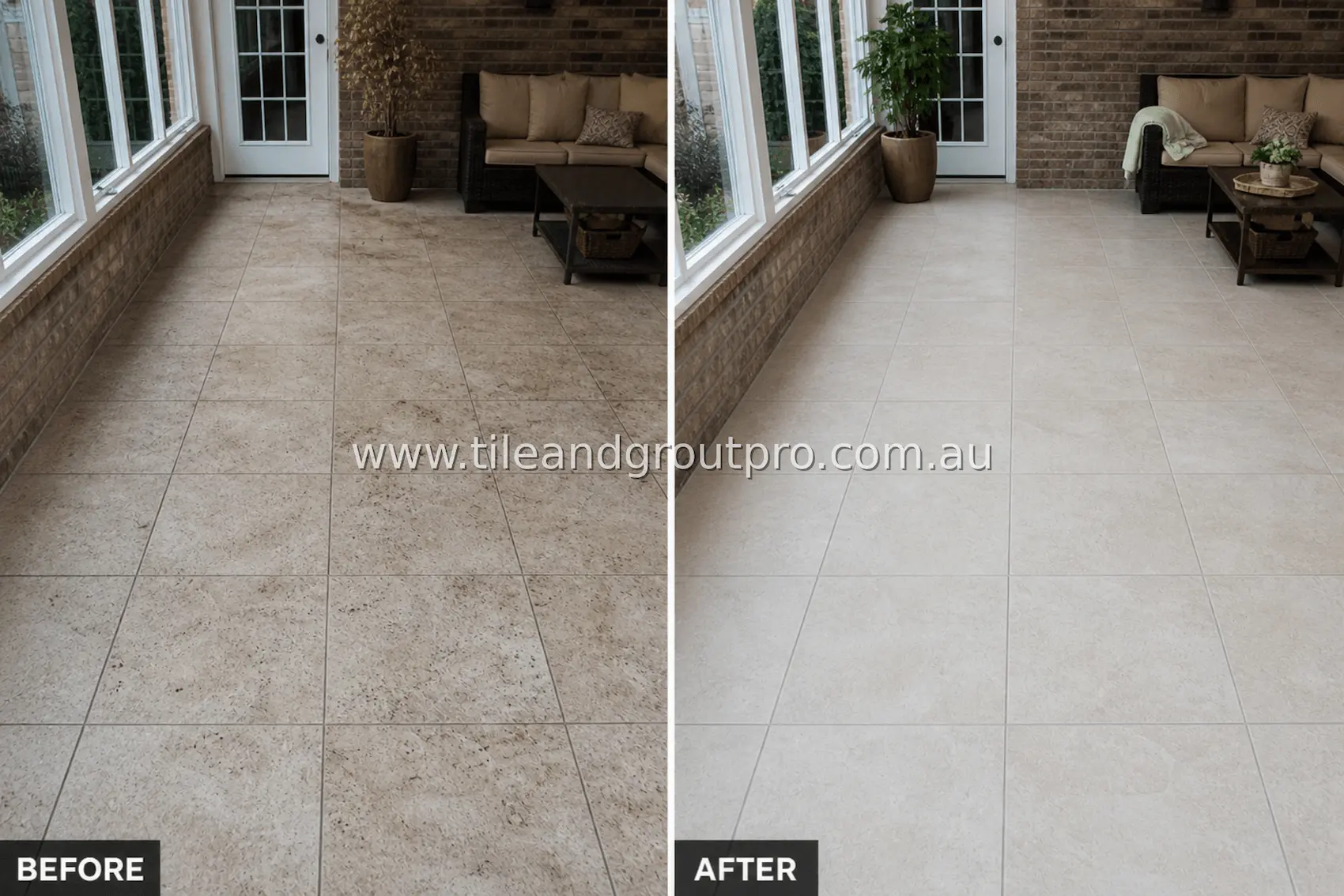Porcelain tile sunroom patio floor with heavy dirt buildup, dark stains, and discolored grout lines before professional tile and grout cleaning