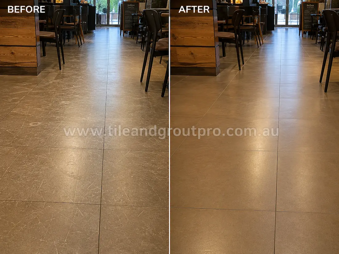 Restaurant dining area with large porcelain floor tiles affected by chair scratches, scuffs, and dull traffic wear before scratch removal treatment.