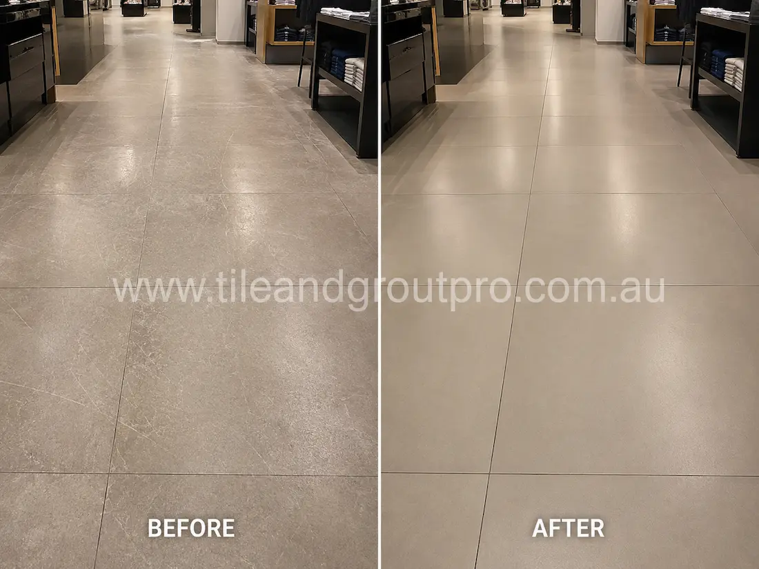 Retail store large-format porcelain tile flooring with visible scratches, scuffing, and traffic wear before commercial scratch removal service.