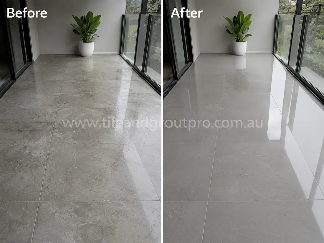 Before tile renewal, stone-look porcelain balcony floor tiles in an enclosed outdoor area appeared dull with light surface haze, reduced shine, and visible wear, diminishing the natural stone appearance.
