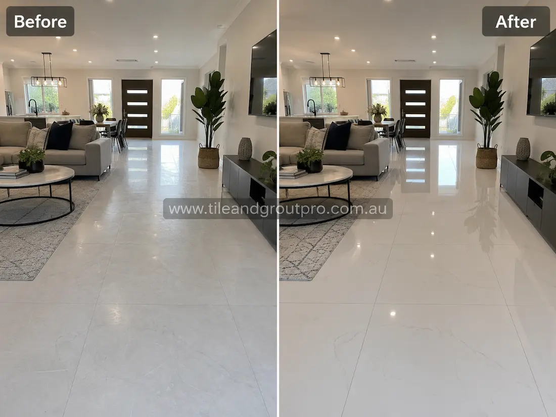 Before stone-polishing, white porcelain floor tiles in an open-plan living room appeared cloudy and lacked gloss with faint visible scuff marks.