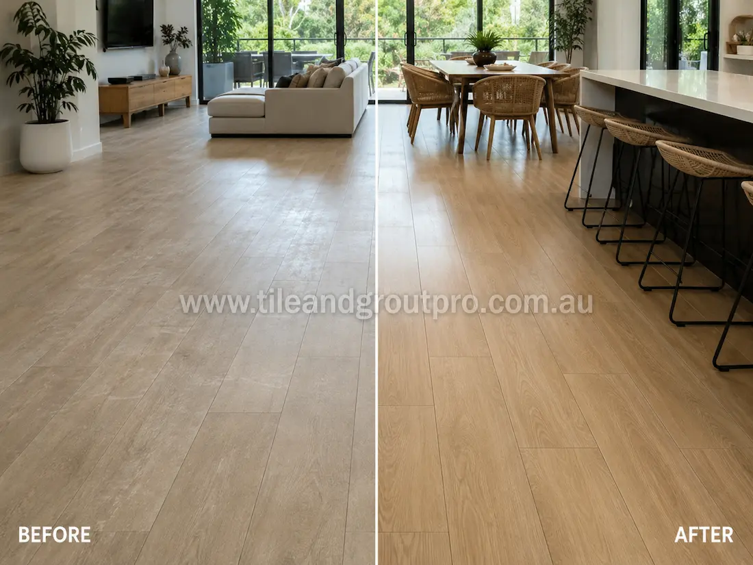 Open-plan living and dining area with wood-look porcelain floor tiles before sealer stripping, showing cloudy residue, dull finish, and uneven sealer build-up across the tile surface.