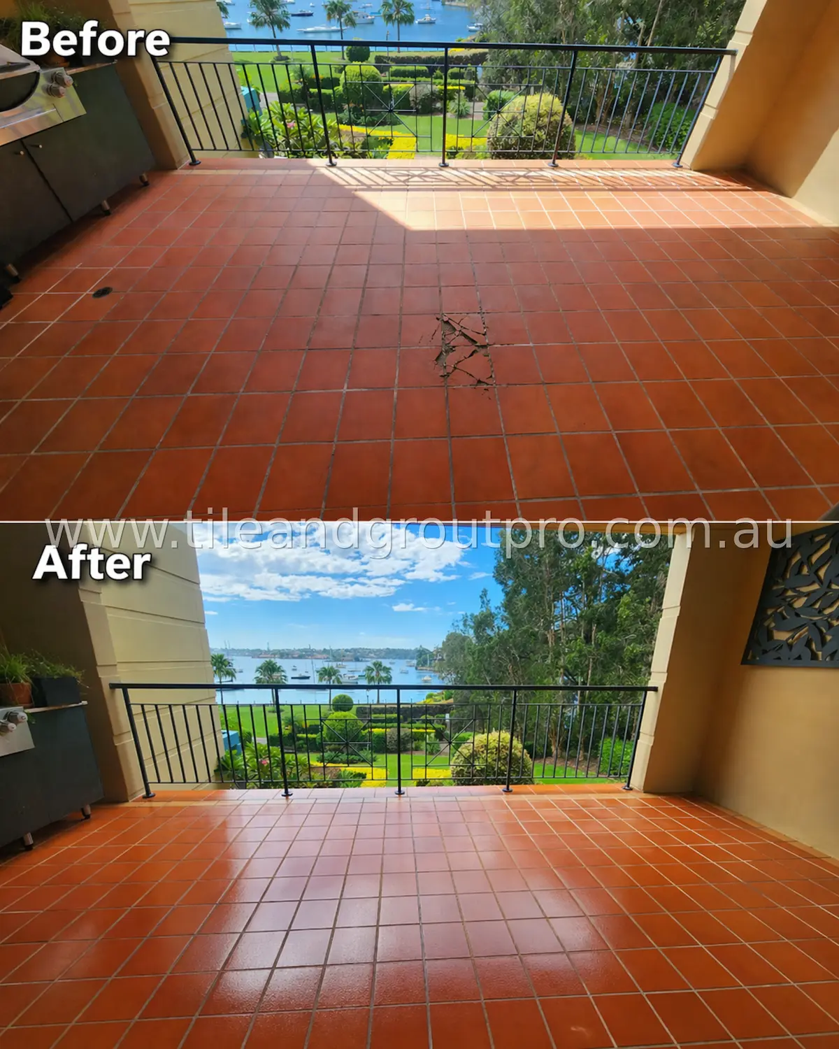 Outdoor balcony tiles before and after crack repair with damaged tiles restored and surface refreshed overlooking water view
