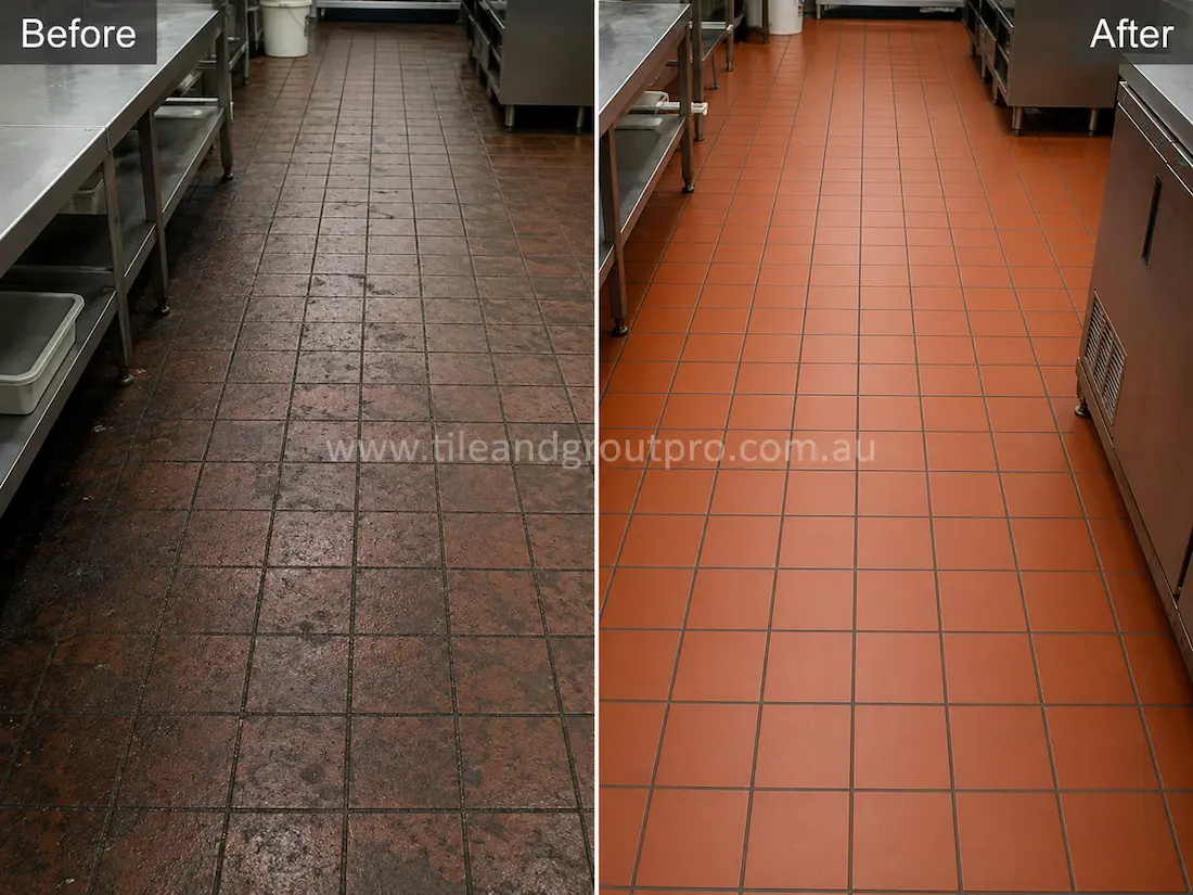 Before tile renewal, quarry tiles in a commercial catering kitchen showed heavy grease contamination, dark staining, worn finish, and grime accumulation around stainless steel workstations.