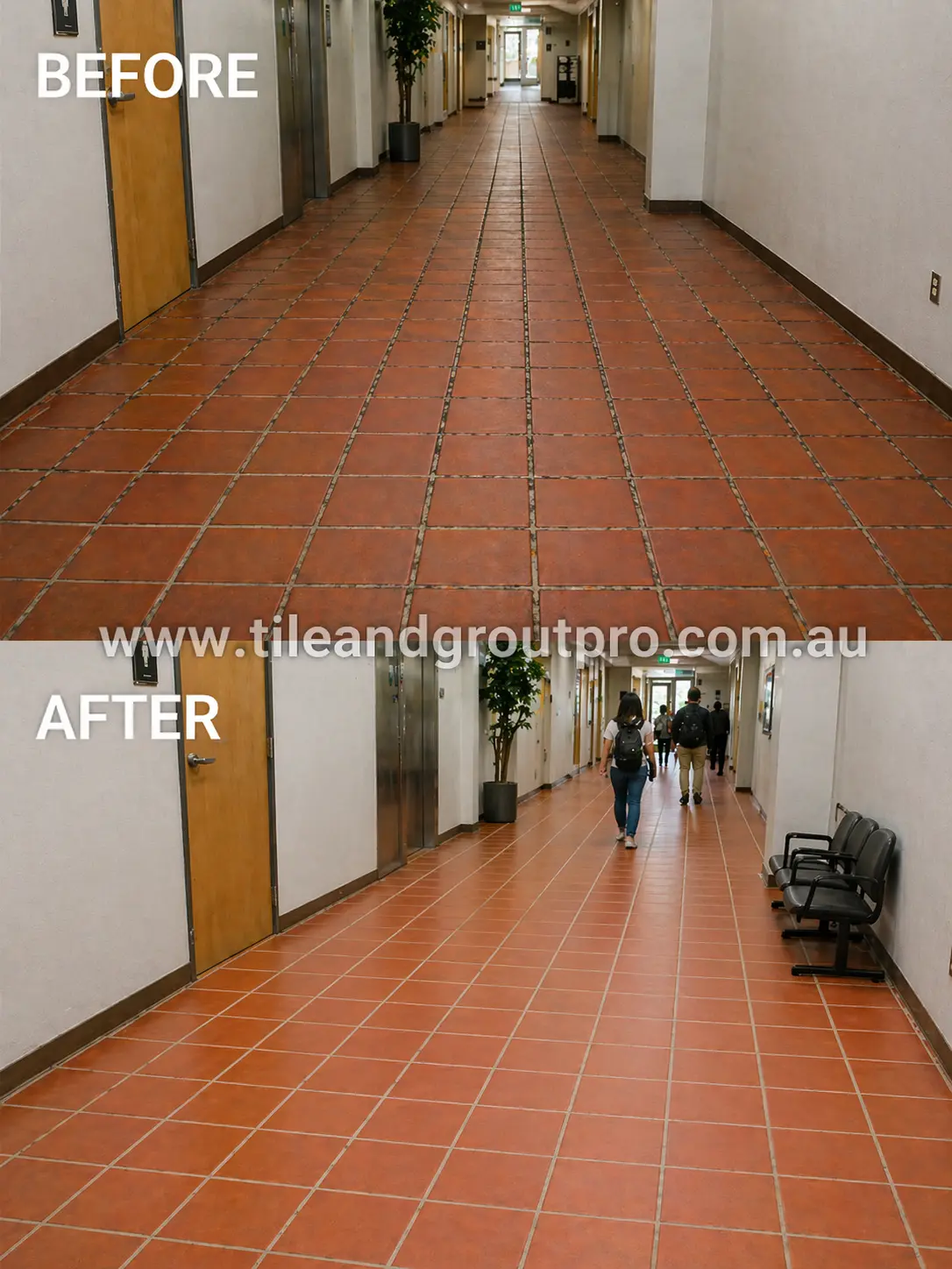 Commercial hallway with quarry tile flooring before and after regrouting showing clean grout lines and restored finish