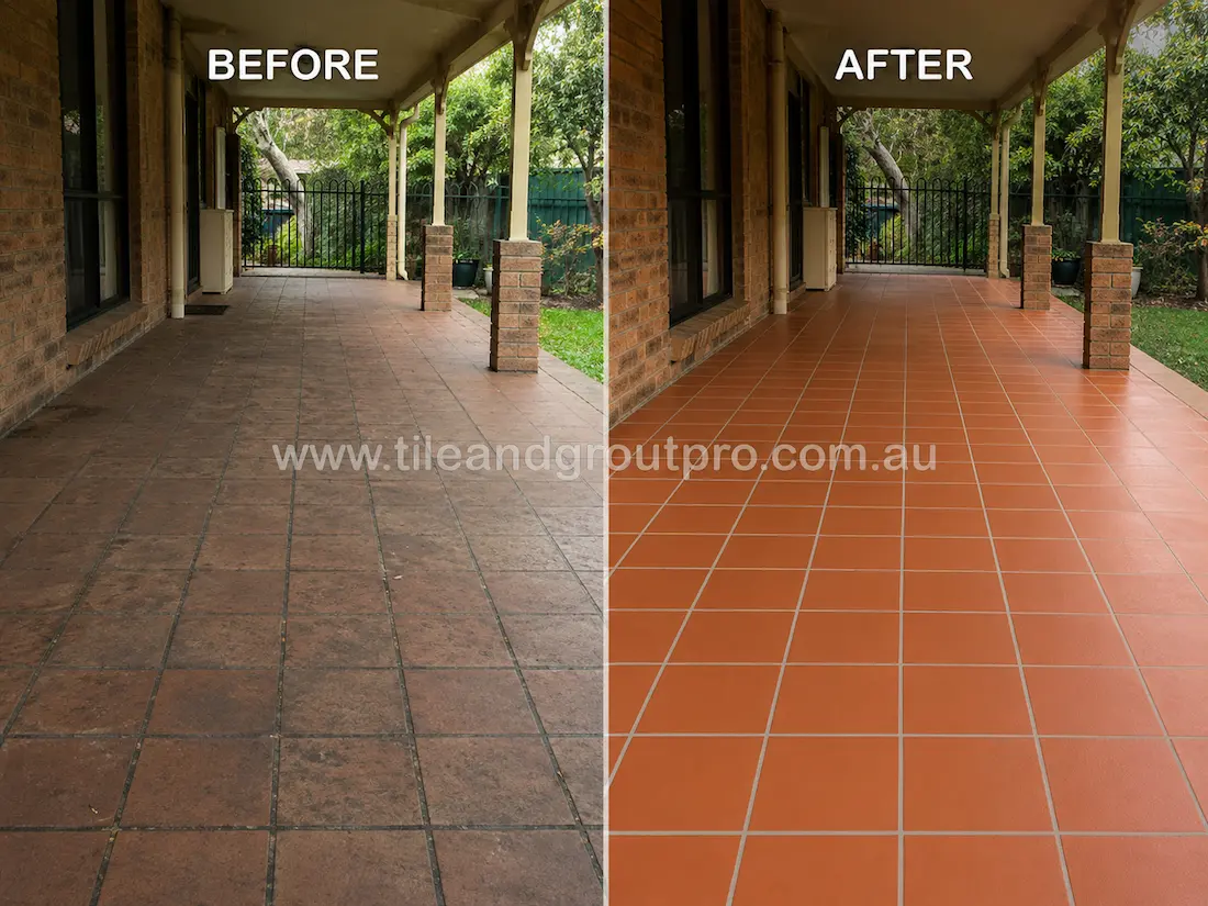 Before tile renewal, quarry floor tiles on a covered residential verandah showed weathering, dirt accumulation, faded colour, and worn surface protection in an outdoor living area.