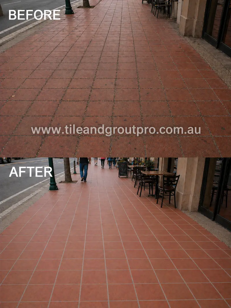 Outdoor sidewalk quarry tiles before and after regrouting outside restaurant frontage with clean grout lines