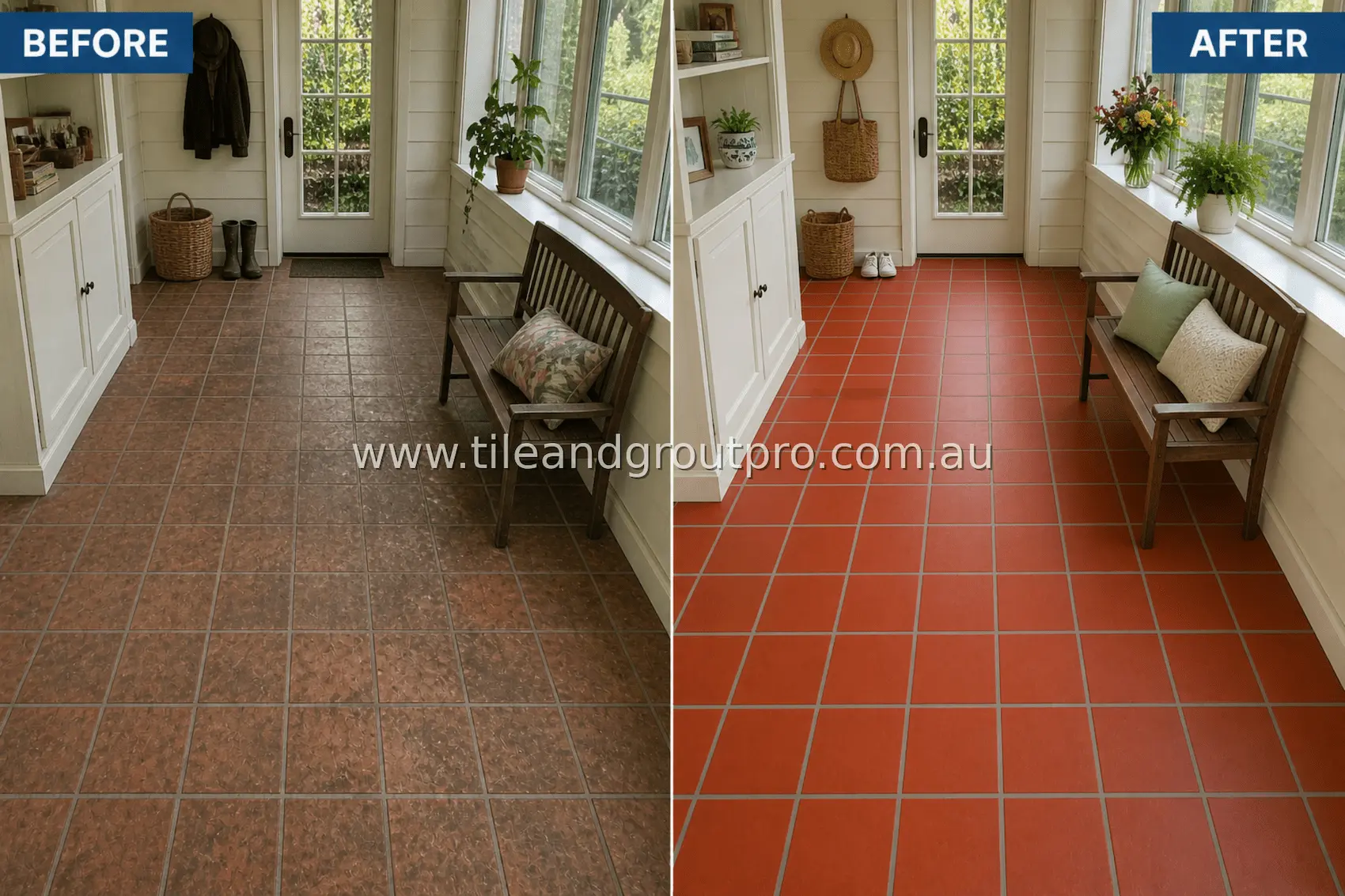 quarry tile covered outdoor patio floor with heavy dirt accumulation, moisture staining, and dark grout lines in a utility area before tile and grout cleaning
