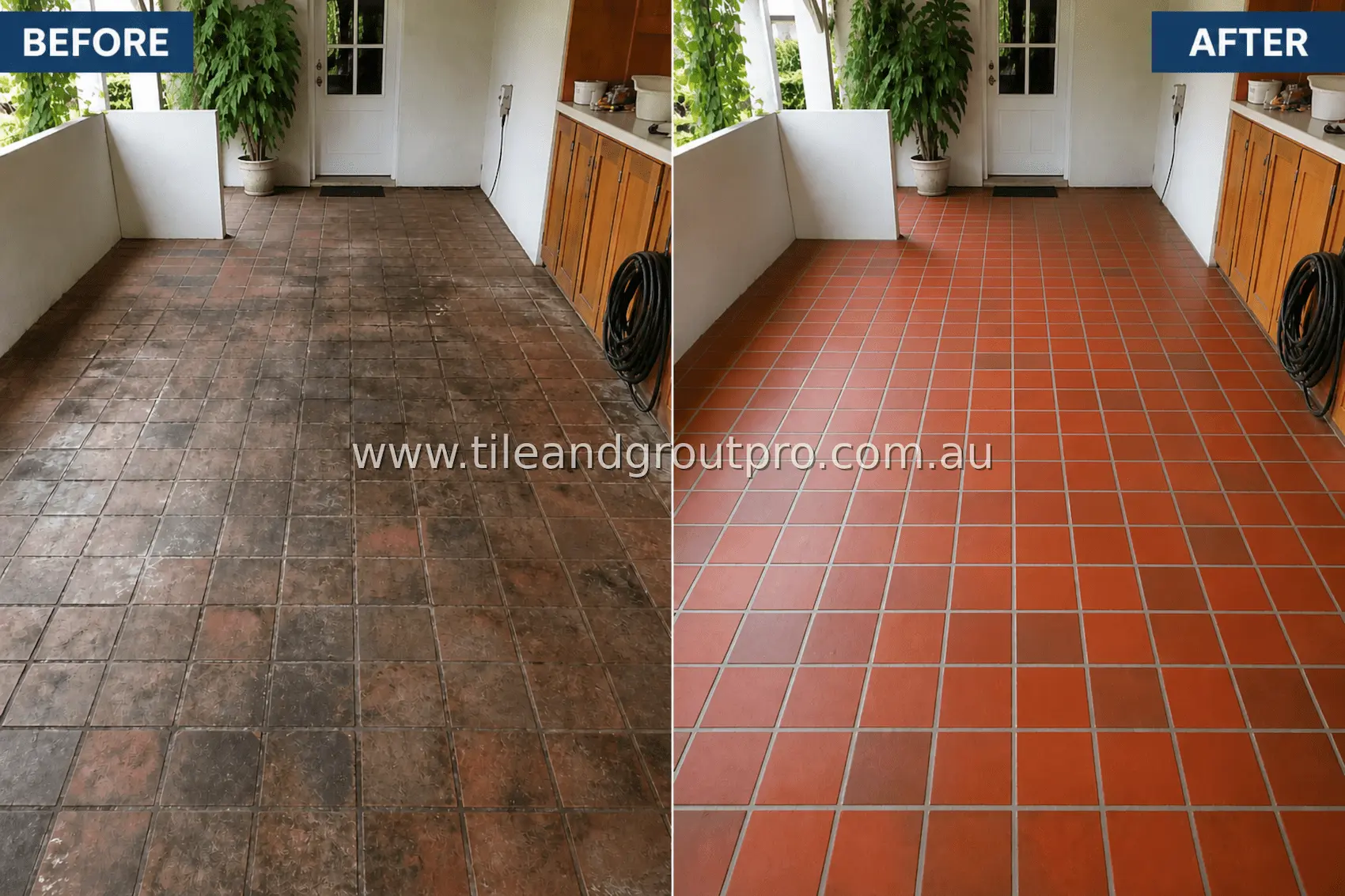 quarry tile enclosed porch floor with worn finish, grime buildup, and stained grout lines in a bright sunroom seating area before cleaning