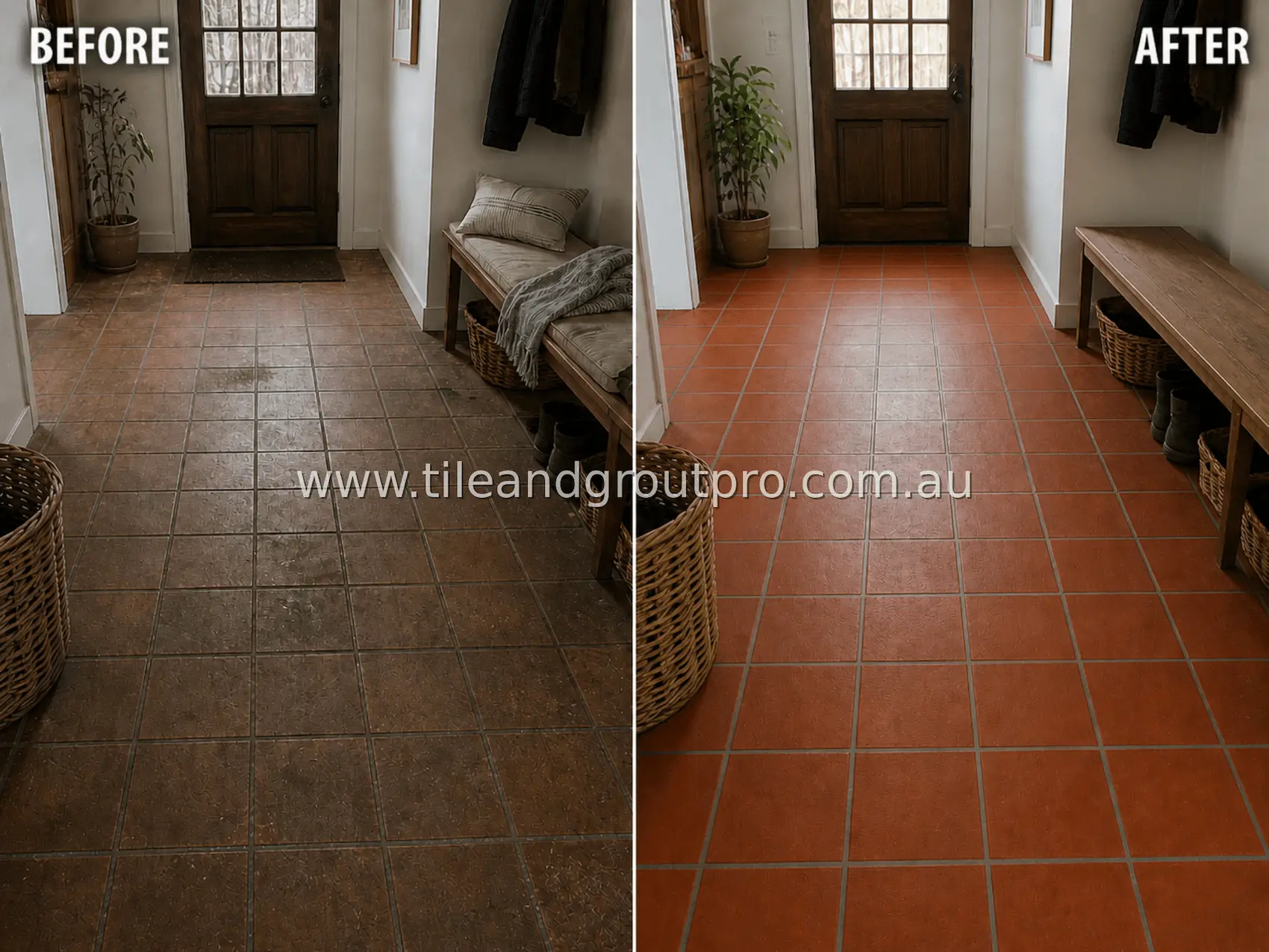 quarry tile entry hallway floor with tracked-in dirt, surface wear, and stained grout lines from daily use before tile and grout cleaning