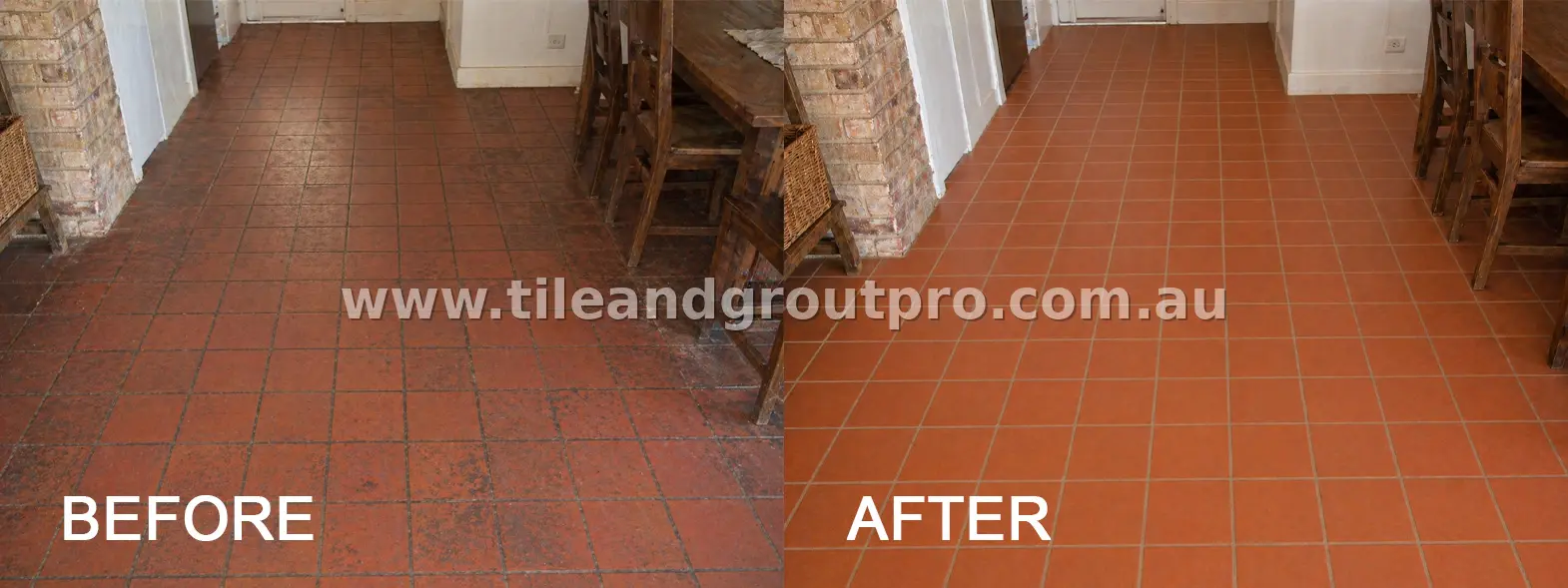 Quarry tile floor restoration in dining area before and after deep cleaning and sealing showing improved color and finish