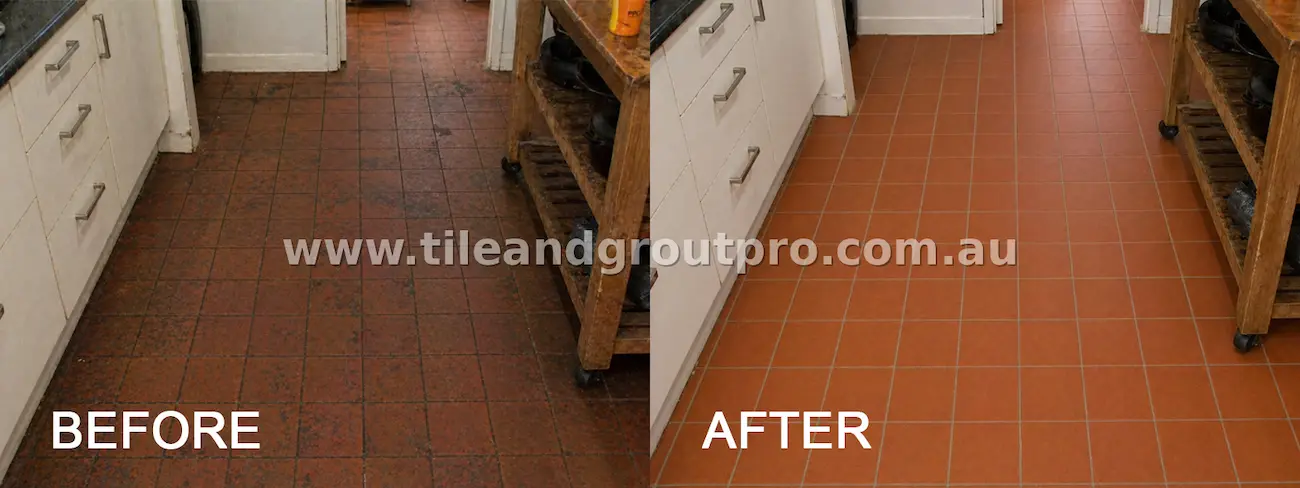 Kitchen quarry tile floor restoration before and after professional cleaning and grout restoration