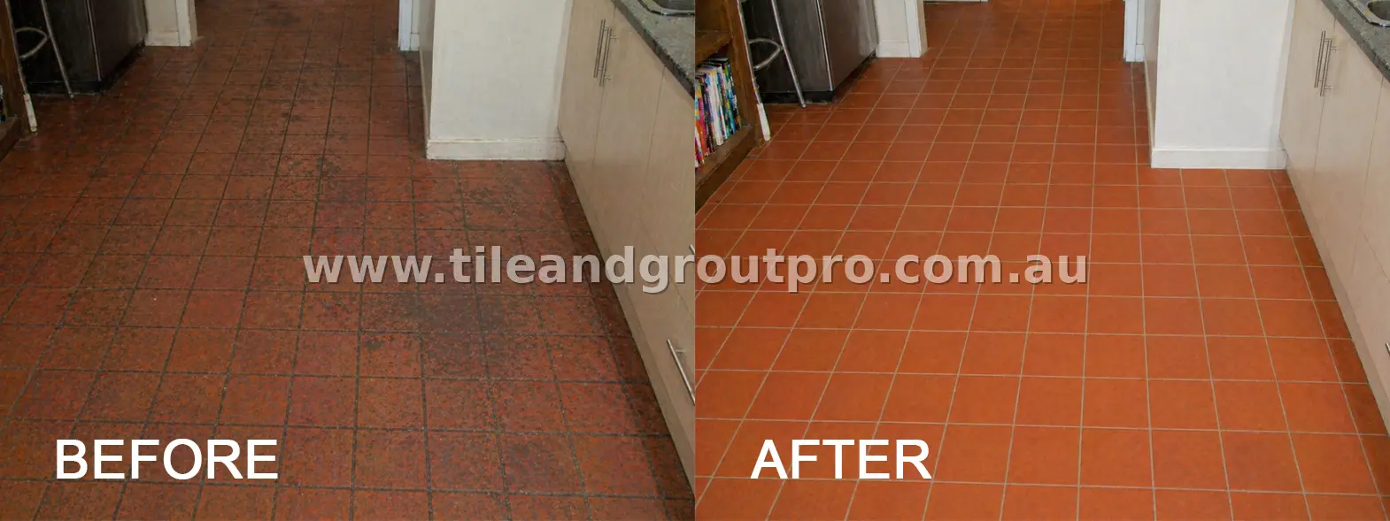 Kitchen quarry tile floor restoration before and after deep cleaning and grout renewal