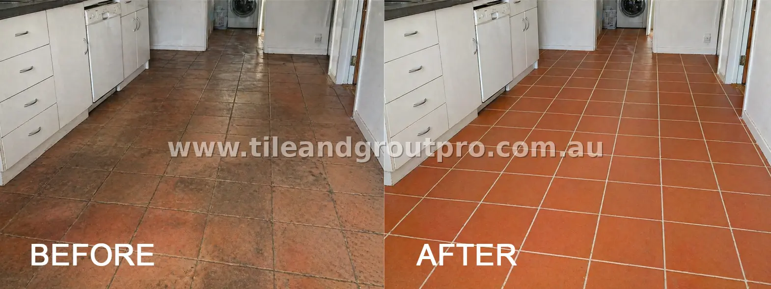 Laundry quarry tile floor restoration before and after cleaning and sealing for a refreshed finish