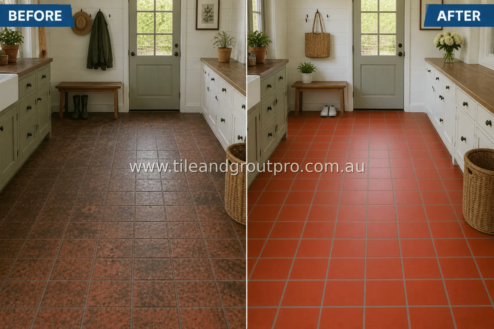 quarry tile laundry mudroom floor with heavy dirt accumulation, dull finish, and dark grout lines from frequent foot traffic before cleaning