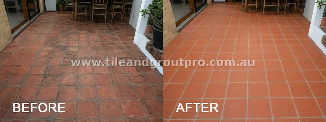 Quarry tile living area restoration before and after professional cleaning and sealing improving appearance