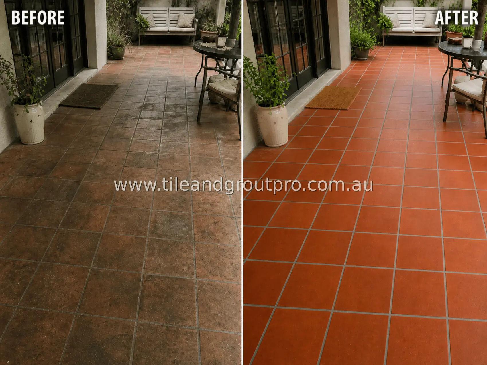 quarry tile outdoor covered patio floor with heavy grime, moisture staining, and darkened grout lines from weather exposure before cleaning